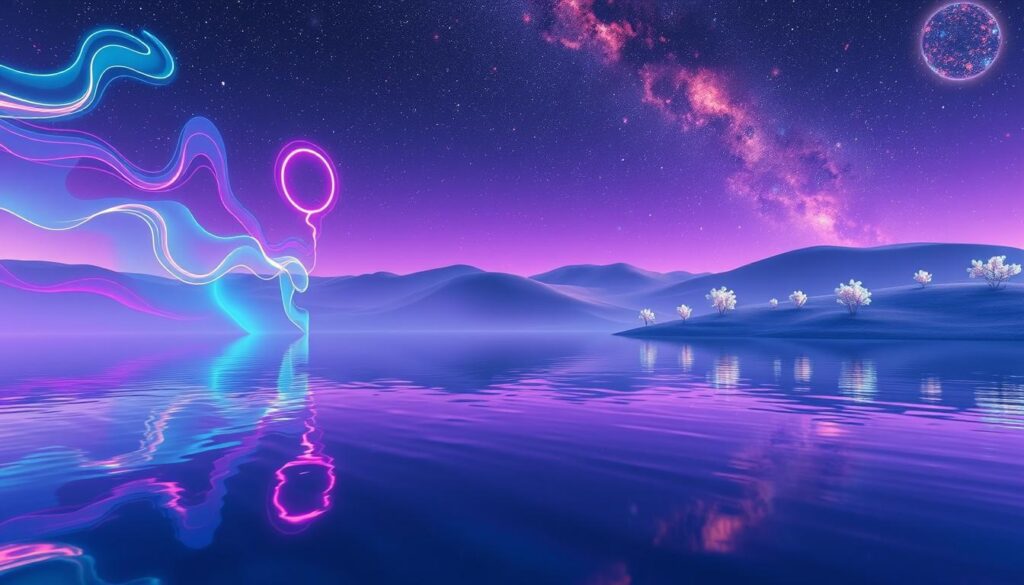 In a surreal, dreamlike landscape representing the "Space of Variations," the foreground features a tranquil, reflective lake that mirrors an array of vibrant neon colors, casting a serene glow. Ethereal, abstract shapes reminiscent of flowing energy patterns hover above the water's surface, symbolizing different paths and possibilities. In the middle ground, lush, soft hills rise, dotted with luminescent plants that appear almost otherworldly, enhancing the dreamcore aesthetic. The background showcases a vast, starry sky filled with swirling galaxies and radiant celestial bodies, radiating a sense of infinite potential. Soft, diffused lighting creates a magical ambiance, while a low-angle perspective enhances the grandeur of this mystical scene, inviting viewers to explore the depths of their own realities. The overall mood is inspiring and contemplative, evoking the secrets and mastery of reality transurfing.