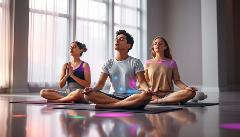 In a tranquil indoor setting, a diverse group of individuals in modest casual clothing engages in breathwork, surrounded by a soft aura of vibrant neon colors. The foreground features two women and one man sitting cross-legged on yoga mats, their eyes closed, exuding calm and focus. The middle layer includes ethereal, flowing energy waves emanating around them, symbolizing a connection to their auras. The background showcases soft, glowing light filtering through large windows, casting colorful reflections on the polished floor, enhancing the atmosphere of serenity and vitality. A low-angle perspective captures the peaceful ambiance, while diffused lighting creates a harmonious, dreamlike quality. The overall mood is uplifting and serene, emphasizing the energy check-in process. In a tranquil indoor setting, a diverse group of individuals in modest casual clothing engages in breathwork, surrounded by a soft aura of vibrant neon colors. The foreground features two women and one man sitting cross-legged on yoga mats, their eyes closed, exuding calm and focus. The middle layer includes ethereal, flowing energy waves emanating around them, symbolizing a connection to their auras. The background showcases soft, glowing light filtering through large windows, casting colorful reflections on the polished floor, enhancing the atmosphere of serenity and vitality. A low-angle perspective captures the peaceful ambiance, while diffused lighting creates a harmonious, dreamlike quality. The overall mood is uplifting and serene, emphasizing the energy check-in process.
