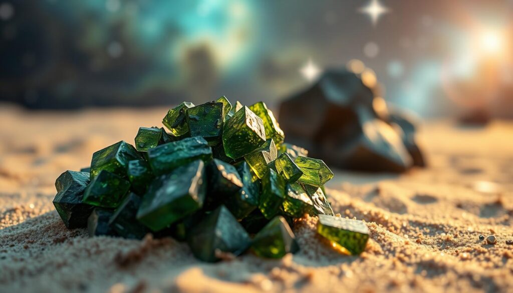 Moldavite formation and natural glass set against a cosmic background, showcasing the unique texture and deep green coloration of moldavite crystals. In the foreground, focus on a cluster of raw moldavite pieces, glistening with iridescence under soft, ethereal lighting, resembling the glow of a distant star. The middle ground features swirling bits of natural glass, partially buried in sandy soil, with light refracting through their translucent surfaces. In the background, hints of a cosmic landscape with subtle nebulae in neon colors elevate the atmosphere, creating a sense of ancient mystery and cosmic origin. Capture the image with a macro lens at a low angle to emphasize the texture of the crystals, ensuring a dreamlike quality and a serene vibe, evoking the transformation and power associated with moldavite. Moldavite formation and natural glass set against a cosmic background, showcasing the unique texture and deep green coloration of moldavite crystals. In the foreground, focus on a cluster of raw moldavite pieces, glistening with iridescence under soft, ethereal lighting, resembling the glow of a distant star. The middle ground features swirling bits of natural glass, partially buried in sandy soil, with light refracting through their translucent surfaces. In the background, hints of a cosmic landscape with subtle nebulae in neon colors elevate the atmosphere, creating a sense of ancient mystery and cosmic origin. Capture the image with a macro lens at a low angle to emphasize the texture of the crystals, ensuring a dreamlike quality and a serene vibe, evoking the transformation and power associated with moldavite.