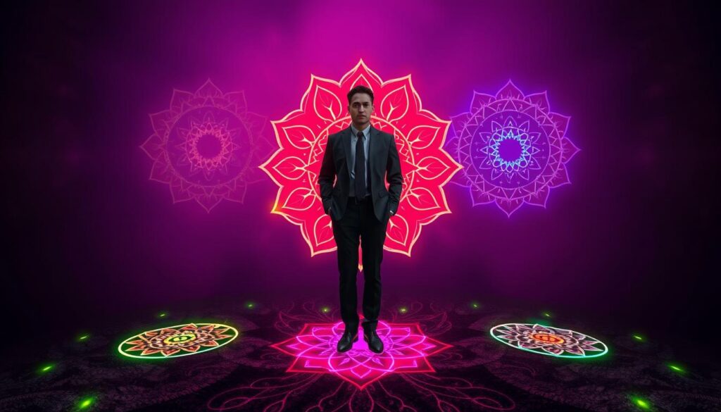 Root chakra energy balance patterns radiate in striking neon colors, set against a dark, ethereal dreamcore background. In the foreground, intricate mandala designs symbolize deficient and overactive chakra states, interconnected through swirling patterns of energy. A figure, dressed in professional business attire, stands confidently at the center, surrounded by the vibrant chakra diagrams, embodying both stability and dynamism. Soft, ambient lighting highlights the energy patterns, creating a contrast that enhances their luminosity. The composition is framed from a slightly elevated angle, giving an all-encompassing view of the scene, evoking a sense of spiritual awakening and empowerment. The mood is vibrant and hopeful, inviting exploration into the depths of root chakra healing. Root chakra energy balance patterns radiate in striking neon colors, set against a dark, ethereal dreamcore background. In the foreground, intricate mandala designs symbolize deficient and overactive chakra states, interconnected through swirling patterns of energy. A figure, dressed in professional business attire, stands confidently at the center, surrounded by the vibrant chakra diagrams, embodying both stability and dynamism. Soft, ambient lighting highlights the energy patterns, creating a contrast that enhances their luminosity. The composition is framed from a slightly elevated angle, giving an all-encompassing view of the scene, evoking a sense of spiritual awakening and empowerment. The mood is vibrant and hopeful, inviting exploration into the depths of root chakra healing.