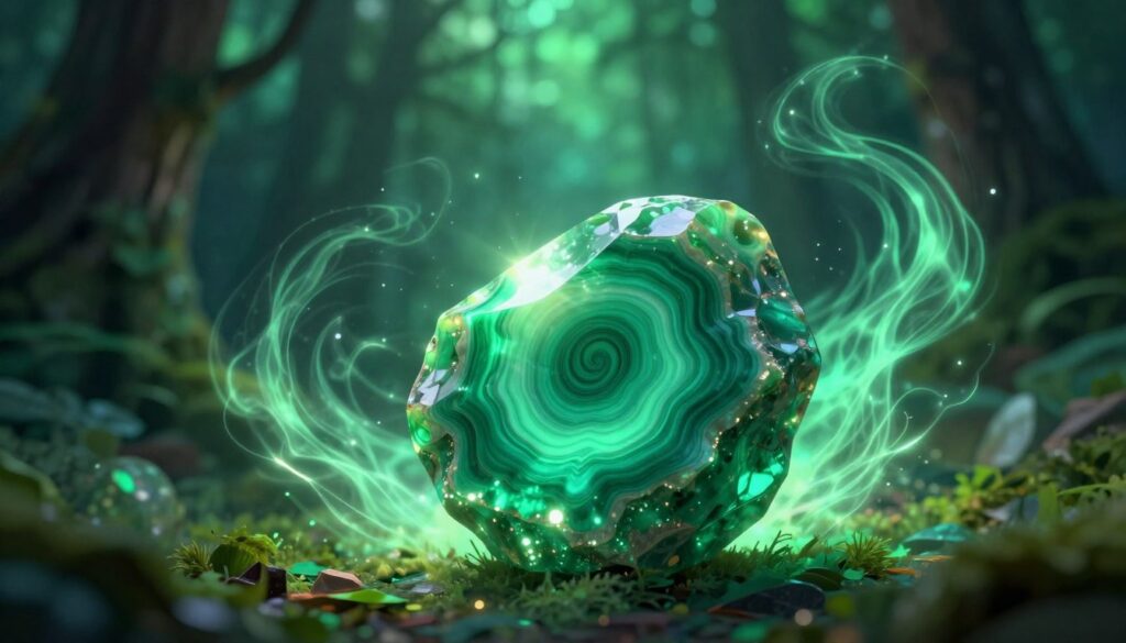 Vibrant and captivating illustration of malachite, a green transformation stone, radiating dynamic energy. In the foreground, an intricate piece of polished malachite showcases its swirling patterns, glowing with neon green hues that pulse with life. The middle ground features ethereal energy waves spiraling outward, signifying healing and transformation. The background is a softly blurred fusion of deep greens and blacks, resembling an otherworldly forest, illuminated by gentle, ambient light. Set the scene with dramatic lighting that highlights the textures of the stone while casting mystical shadows. The overall mood is energizing and transformative, appealing to a modern adult Gen Z audience, conveying a sense of empowerment and growth through the essence of malachite. Vibrant and captivating illustration of malachite, a green transformation stone, radiating dynamic energy. In the foreground, an intricate piece of polished malachite showcases its swirling patterns, glowing with neon green hues that pulse with life. The middle ground features ethereal energy waves spiraling outward, signifying healing and transformation. The background is a softly blurred fusion of deep greens and blacks, resembling an otherworldly forest, illuminated by gentle, ambient light. Set the scene with dramatic lighting that highlights the textures of the stone while casting mystical shadows. The overall mood is energizing and transformative, appealing to a modern adult Gen Z audience, conveying a sense of empowerment and growth through the essence of malachite.
