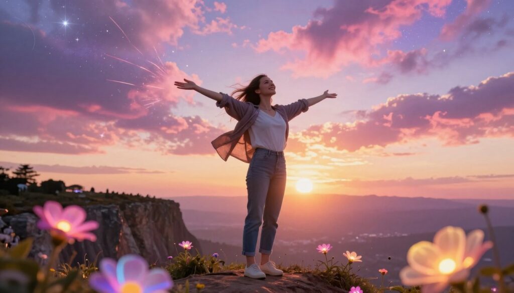 Vibrant scene depicting a young adult Caucasian woman standing on a cliff at sunset, arms wide open, embracing a rush of energy symbolizing spiritual awakening. The foreground features glowing neon flowers in bloom, radiating an ethereal light. In the middle ground, the woman is dressed in stylish casual attire, her hair flowing in the breeze, face uplifted with a look of joy and peace. The background showcases a radiant sunset sky filled with swirling colors of pink, purple, and gold, blending seamlessly into a cosmic landscape of stars. The atmosphere is electric and uplifting, conveying a sense of boundless possibilities and new life experiences. Soft focus on the edges with sharp detail in the center draws the viewer’s eye to the emotion and connection to the universe.