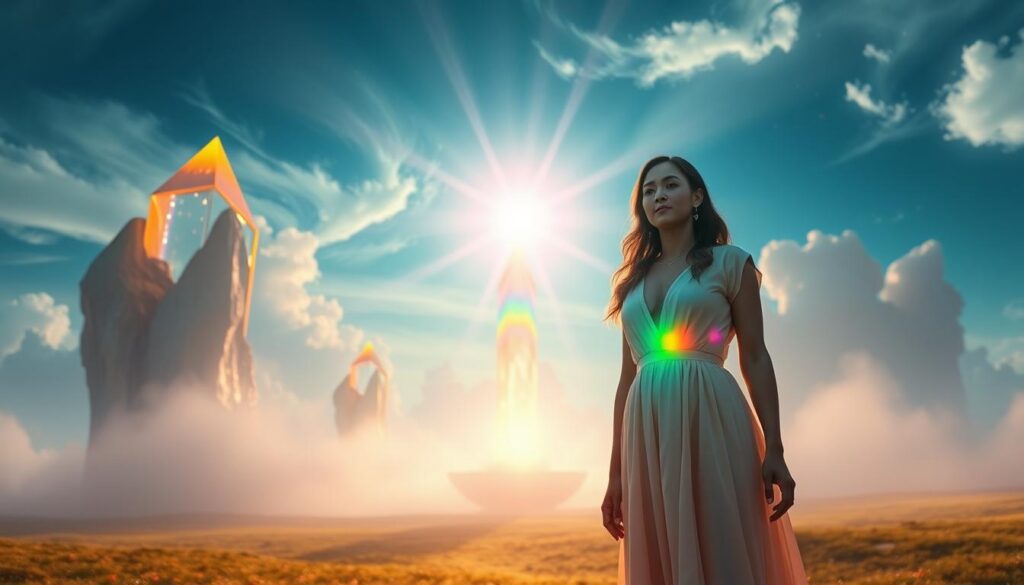 Visualize a serene ethereal landscape where a radiant figure embodies the essence of a lightworker, standing in the foreground. The figure, dressed in elegant yet modest attire, with a gentle expression, radiates a soft glow of vibrant neon colors representing energy and healing. In the middle ground, crystal-like structures rise, reflecting colorful lights that symbolize clarity and insight. The background features a dreamlike sky, with wispy clouds and celestial elements emerging, evoking a sense of wonder and interconnectedness. The lighting is warm and inviting, creating a magical atmosphere that enhances the spiritual essence of a lightworker's mission. Use a low-angle perspective to capture the grandeur of the scene, blending dreamcore aesthetics with a high-end magazine advertisement style, appealing to adult Gen Z sensibilities. Visualize a serene ethereal landscape where a radiant figure embodies the essence of a lightworker, standing in the foreground. The figure, dressed in elegant yet modest attire, with a gentle expression, radiates a soft glow of vibrant neon colors representing energy and healing. In the middle ground, crystal-like structures rise, reflecting colorful lights that symbolize clarity and insight. The background features a dreamlike sky, with wispy clouds and celestial elements emerging, evoking a sense of wonder and interconnectedness. The lighting is warm and inviting, creating a magical atmosphere that enhances the spiritual essence of a lightworker's mission. Use a low-angle perspective to capture the grandeur of the scene, blending dreamcore aesthetics with a high-end magazine advertisement style, appealing to adult Gen Z sensibilities.