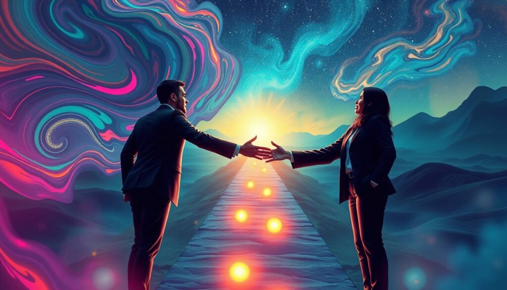 Vividly illustrate the concept of "twin flame stages" in a surreal dreamcore style, featuring two human figures dressed in professional business attire, symbolizing the duality of the twin flame journey. In the foreground, depict the figures reaching towards each other, their hands almost touching, surrounded by swirling neon colors that represent emotional turbulence. The middle ground shows a pathway illuminated with soft glowing orbs, indicating the various stages of the journey, transitioning from darkness to light. In the background, create abstract, ethereal landscapes merging into a cosmic sky filled with stars, portraying the larger universe of connection. Use dramatic lighting to enhance depth and create a mystical atmosphere, suggesting enlightenment and challenges ahead, with a high-end magazine advertisement aesthetic appealing to an adult Gen Z audience.