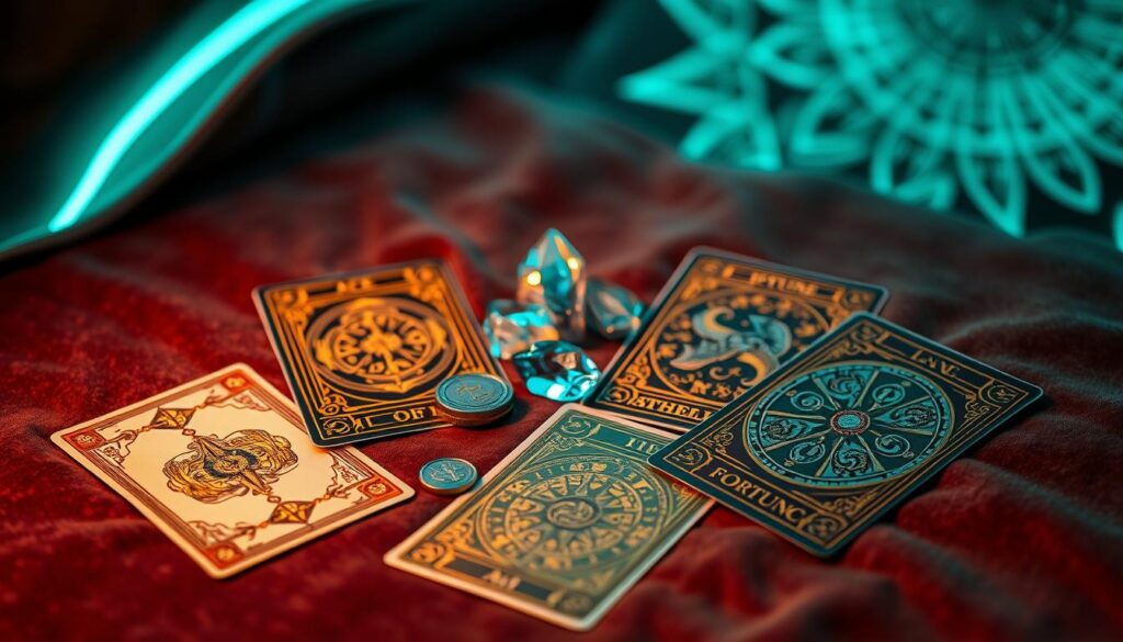 Wealth-focused tarot cards spread on a luxurious velvet table, with intricate gold and silver designs adorning each card. The foreground features three prominent cards: The Ace of Pentacles, The Four of Wands, and The Wheel of Fortune, all illuminated by soft, ethereal neon lighting in shades of teal and gold. In the middle, decorative crystals and coins are scattered, reflecting the light and enhancing the sense of prosperity. The background showcases a dreamlike, abstract pattern, evoking a sense of mystery and fortune. Use a shallow depth of field to focus on the cards, creating a captivating atmosphere reminiscent of a high-end magazine advertisement. Aim for a vibrant and mystical mood that speaks to a wealth-oriented manifestation theme. Wealth-focused tarot cards spread on a luxurious velvet table, with intricate gold and silver designs adorning each card. The foreground features three prominent cards: The Ace of Pentacles, The Four of Wands, and The Wheel of Fortune, all illuminated by soft, ethereal neon lighting in shades of teal and gold. In the middle, decorative crystals and coins are scattered, reflecting the light and enhancing the sense of prosperity. The background showcases a dreamlike, abstract pattern, evoking a sense of mystery and fortune. Use a shallow depth of field to focus on the cards, creating a captivating atmosphere reminiscent of a high-end magazine advertisement. Aim for a vibrant and mystical mood that speaks to a wealth-oriented manifestation theme.